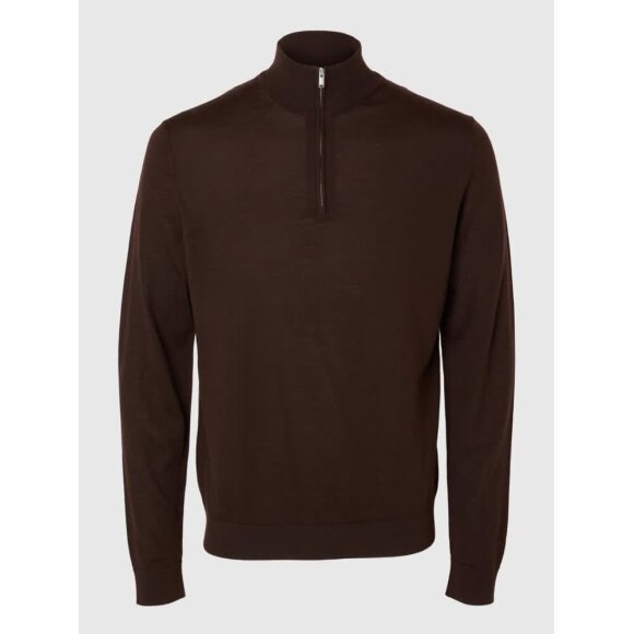 Selected Homme Tray Knit Merino half Zip Chocolate torte